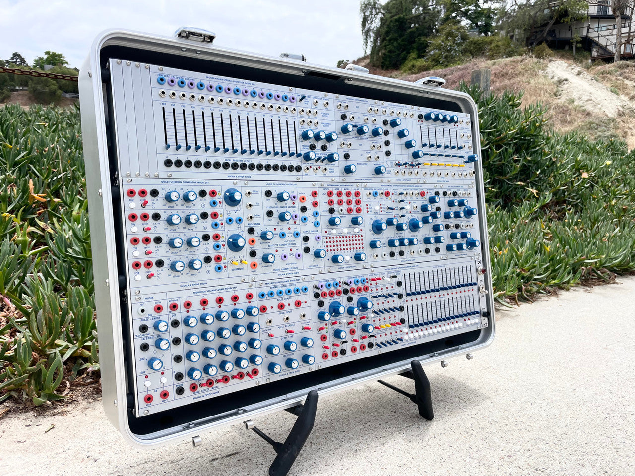 Buchla Tiptop 200t series with BPNYC ZERO Halliburton Eurorack Modular Travel Case SILVER 122hp 9U w/MARF