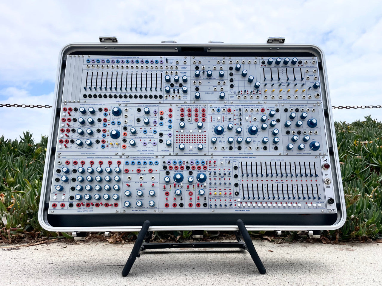 Buchla Tiptop 200t series with BPNYC ZERO Halliburton Eurorack Modular Travel Case SILVER 122hp 9U w/MARF