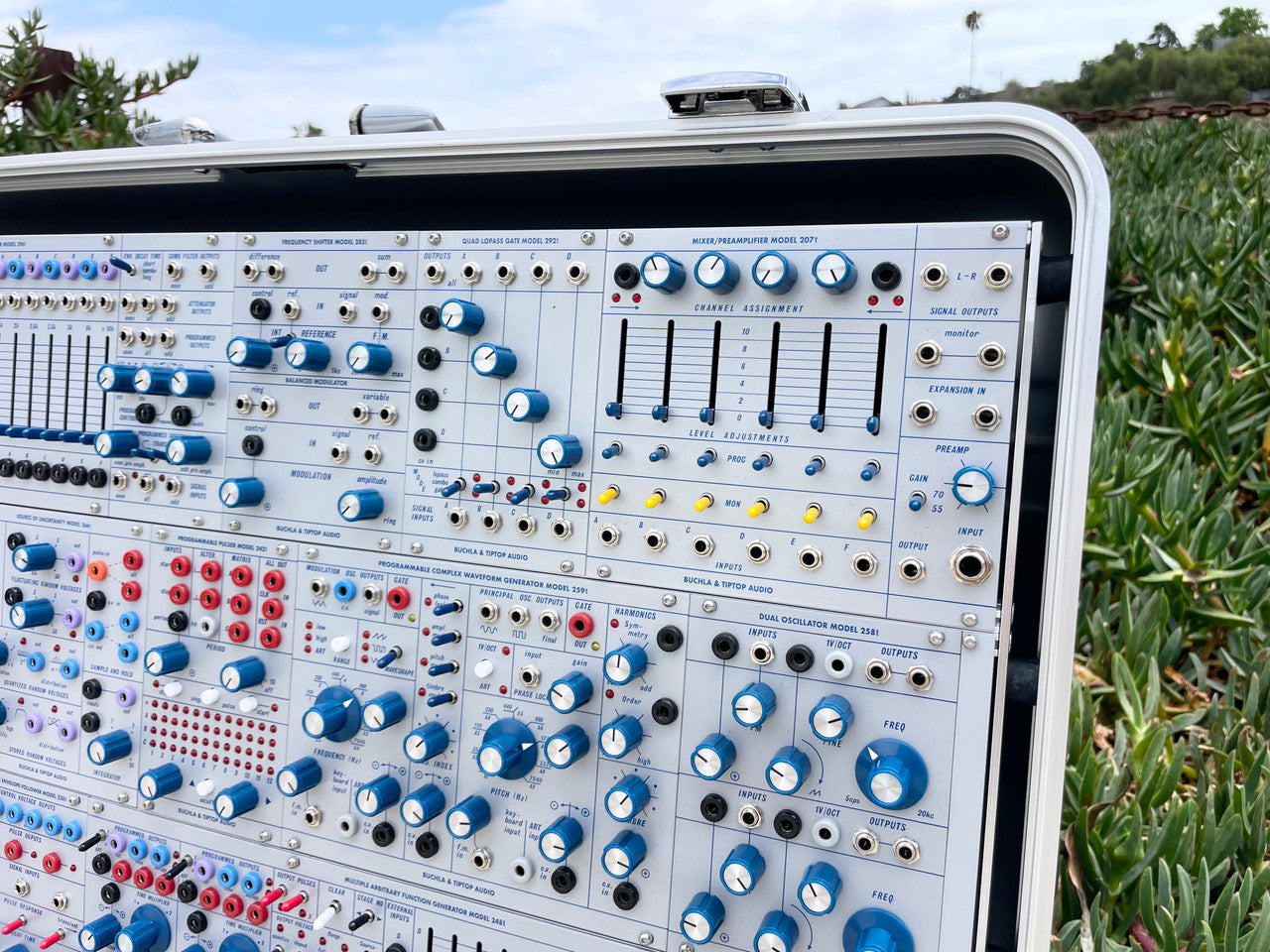 Buchla Tiptop 200t series with BPNYC ZERO Halliburton Eurorack Modular Travel Case SILVER 122hp 9U w/MARF