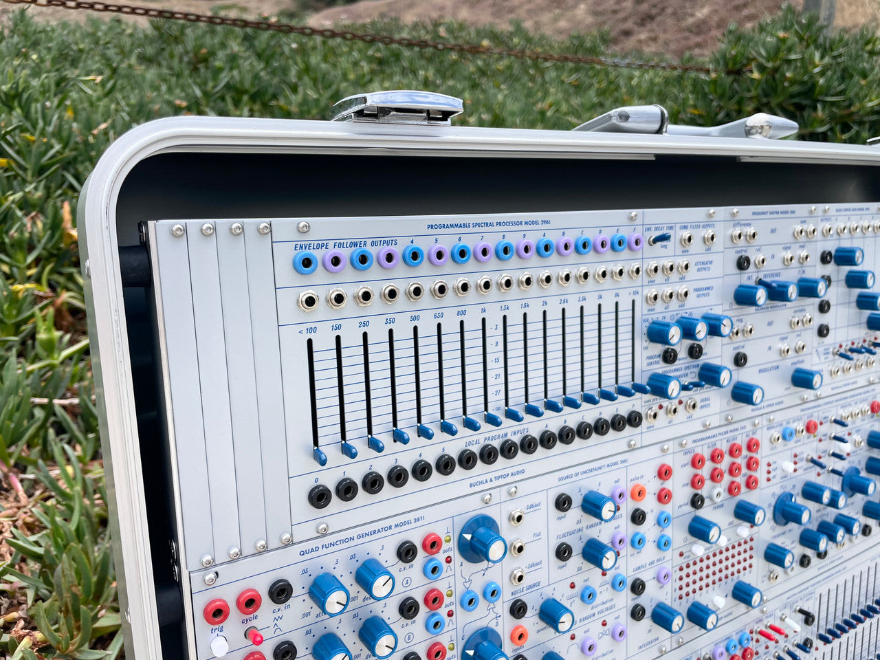 Buchla Tiptop 200t series with BPNYC ZERO Halliburton Eurorack Modular Travel Case SILVER 122hp 9U w/MARF