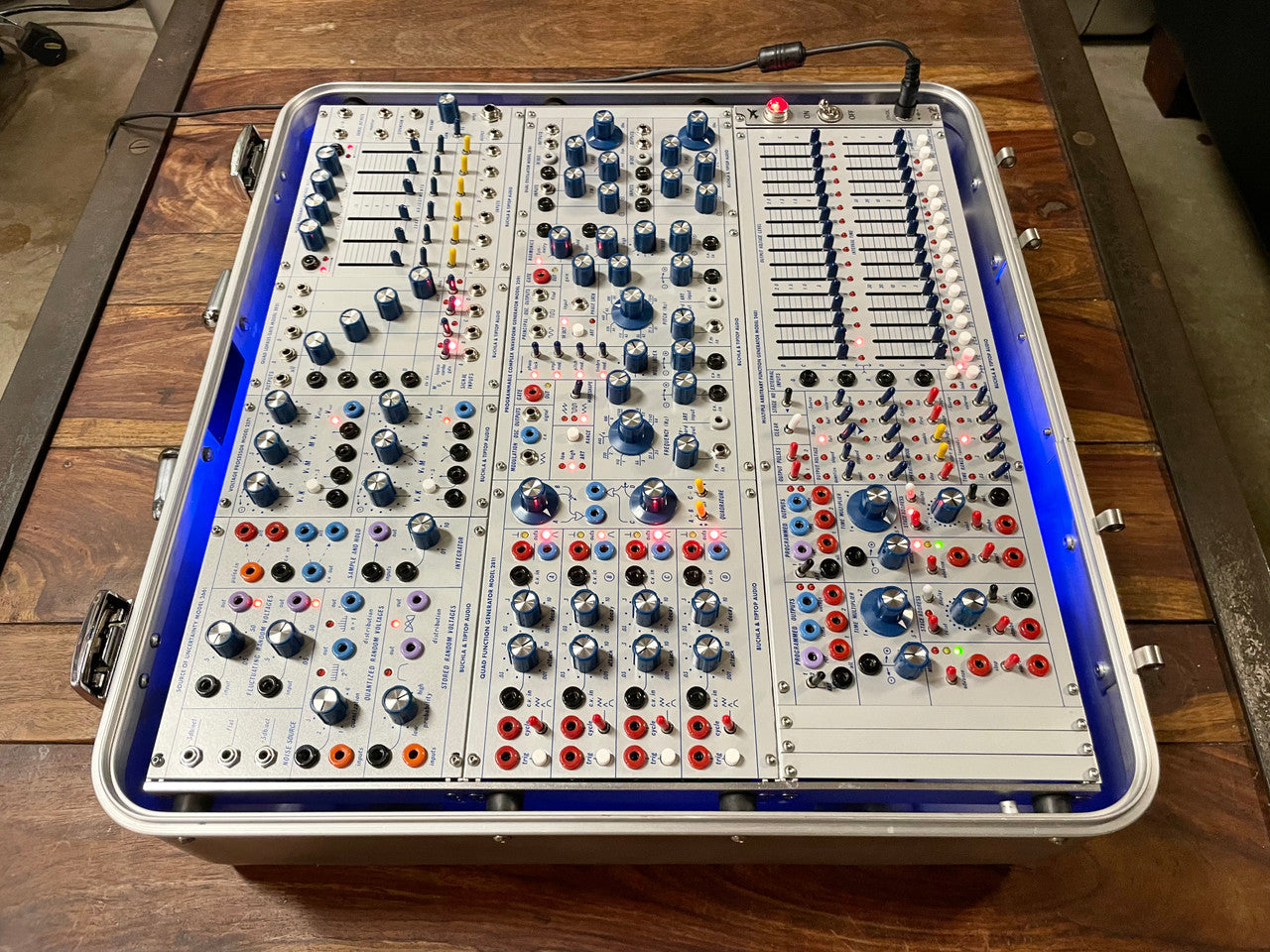 Buchla Tiptop 200t series with BPNYC ZERO Halliburton Eurorack Modular Travel Case 82hp 9U Streamlined