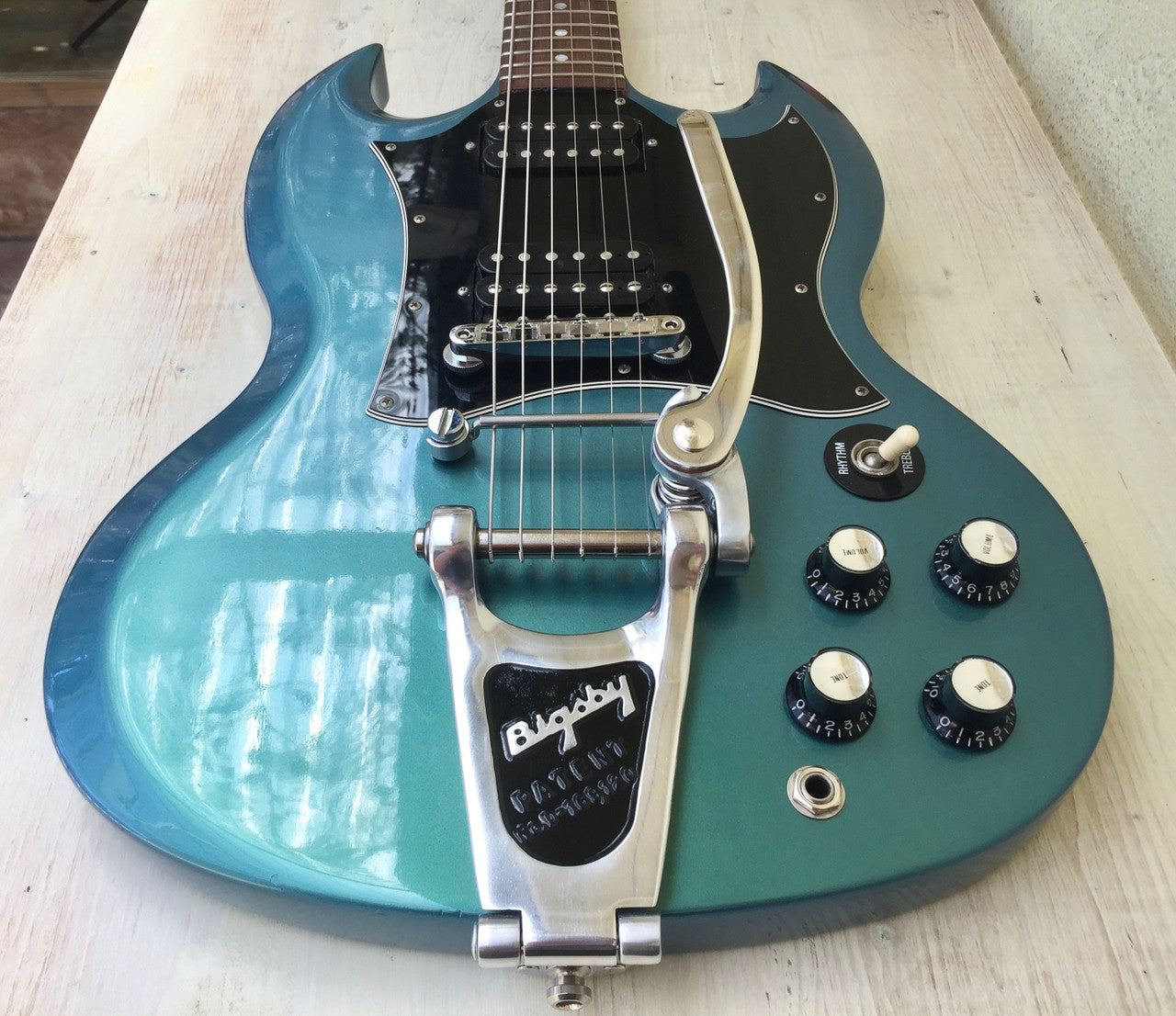 Gibson SG Blue Teal “Flip Flop” w/Bigsby B3 & Towner Down Tension Bar