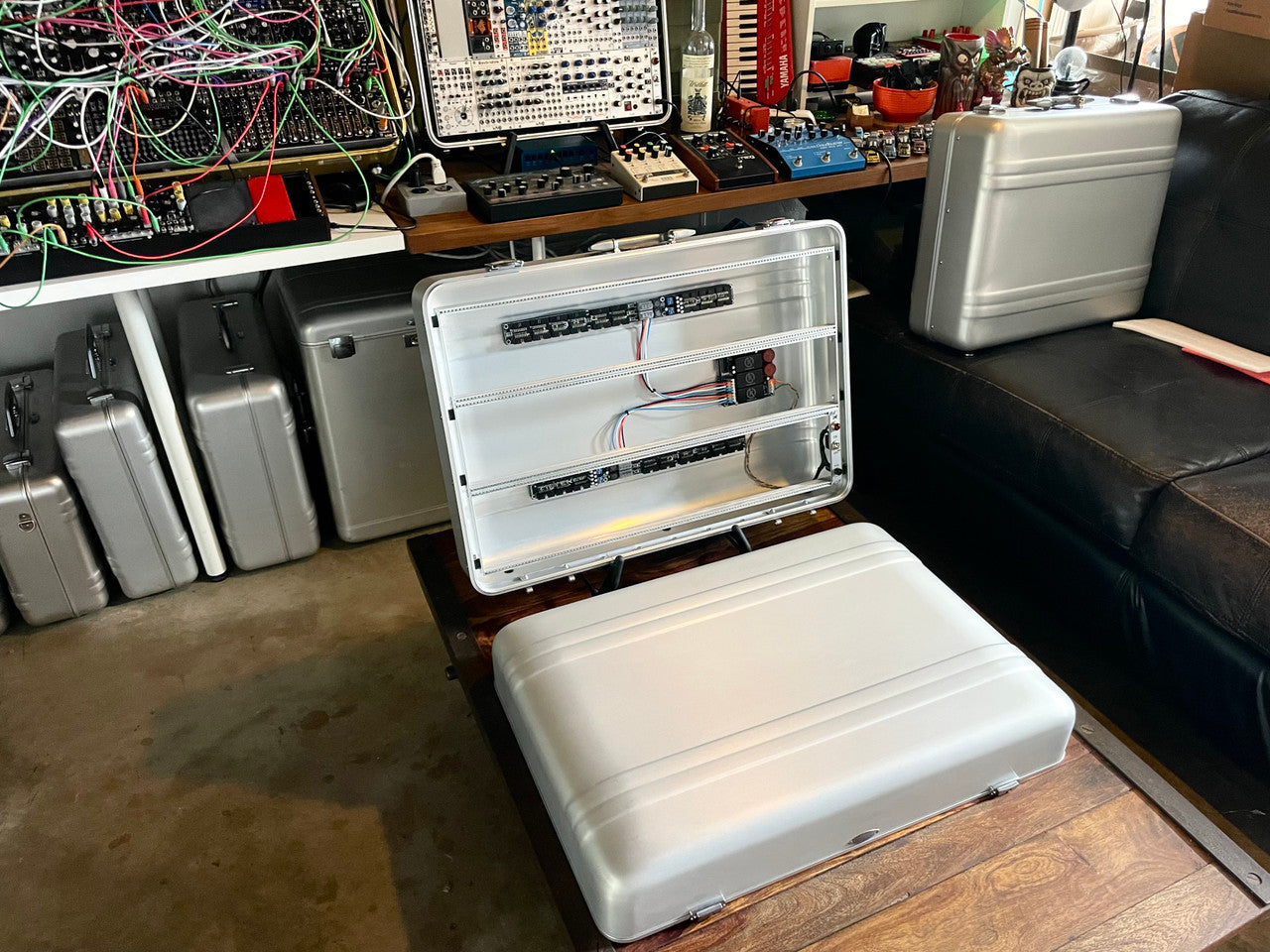 Buchla Tiptop 200t series with BPNYC ZERO Halliburton Eurorack Modular Travel Case SILVER 122hp 9U