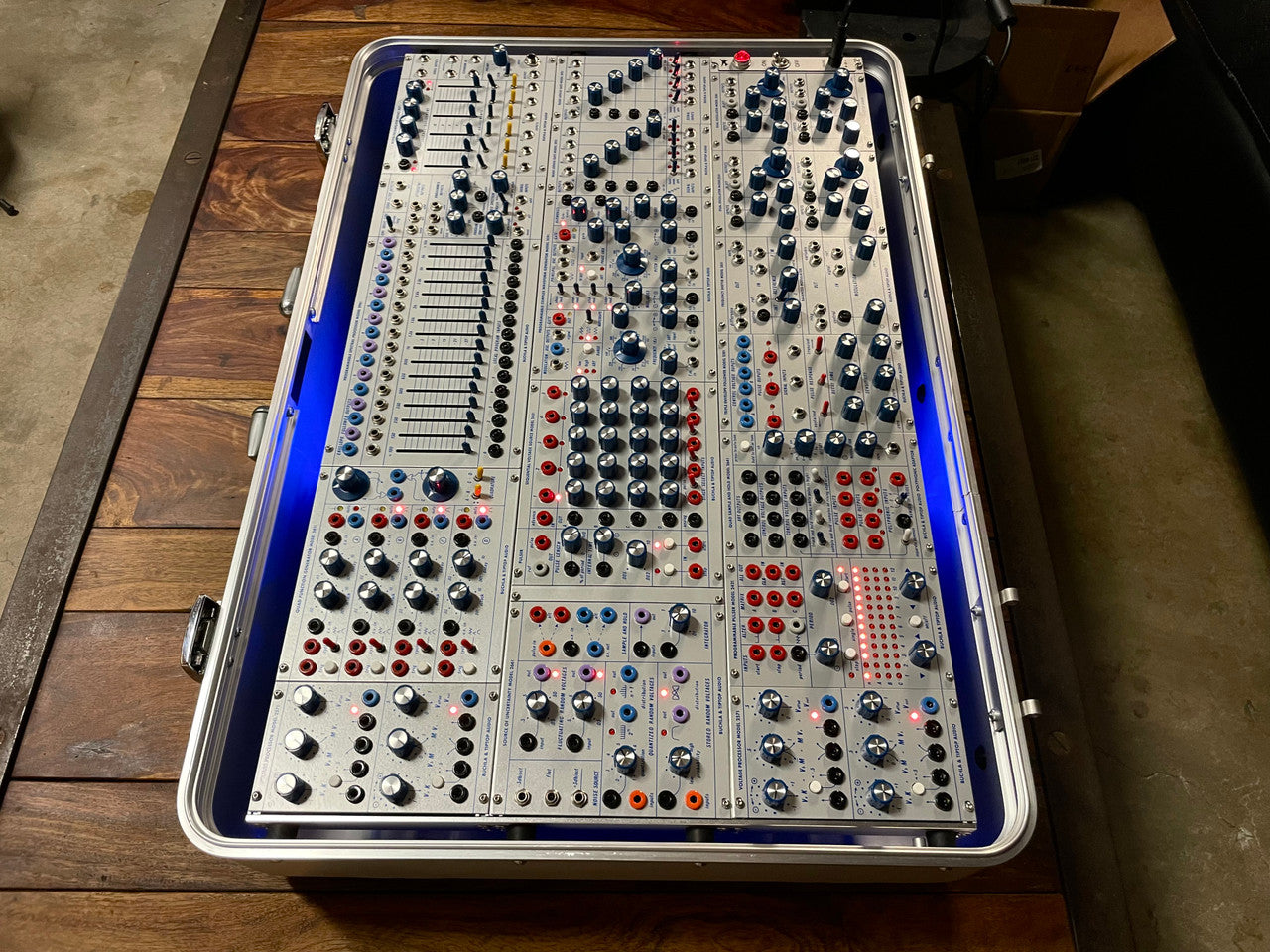 Buchla Tiptop 200t series with BPNYC ZERO Halliburton Eurorack Modular Travel Case SILVER 122hp 9U