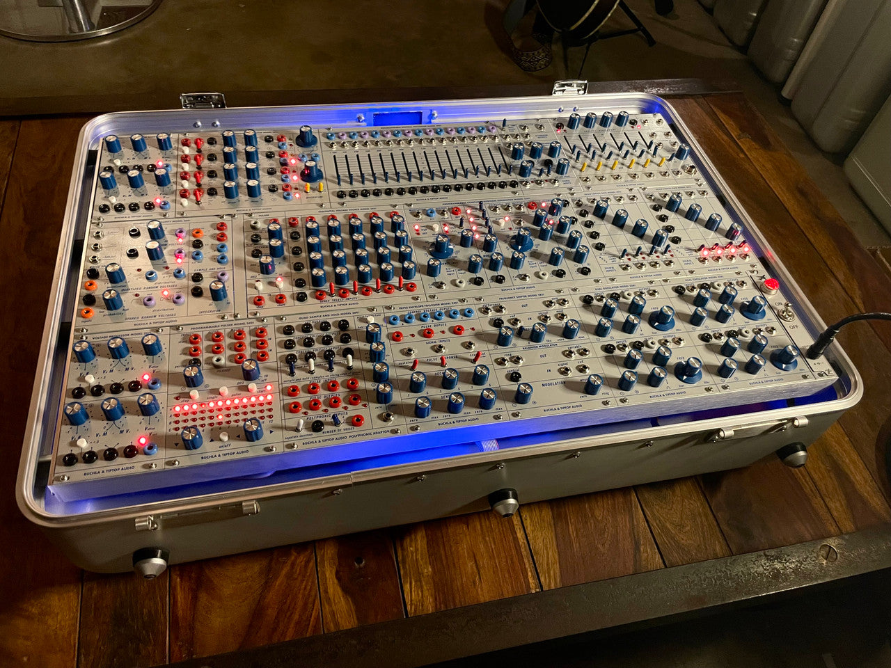Buchla Tiptop 200t series with BPNYC ZERO Halliburton Eurorack Modular Travel Case SILVER 122hp 9U