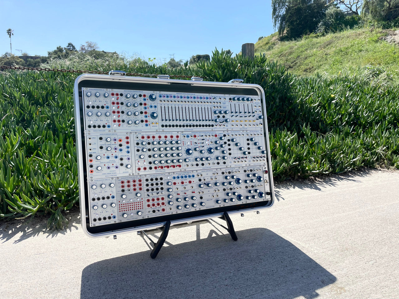 Buchla Tiptop 200t series with BPNYC ZERO Halliburton Eurorack Modular Travel Case SILVER 122hp 9U