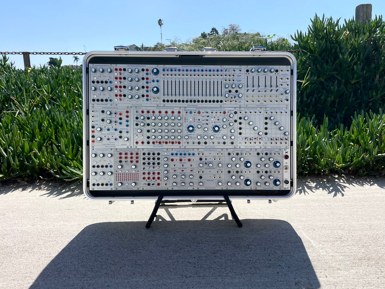 Buchla Tiptop 200t series with BPNYC ZERO Halliburton Eurorack Modular Travel Case SILVER 122hp 9U
