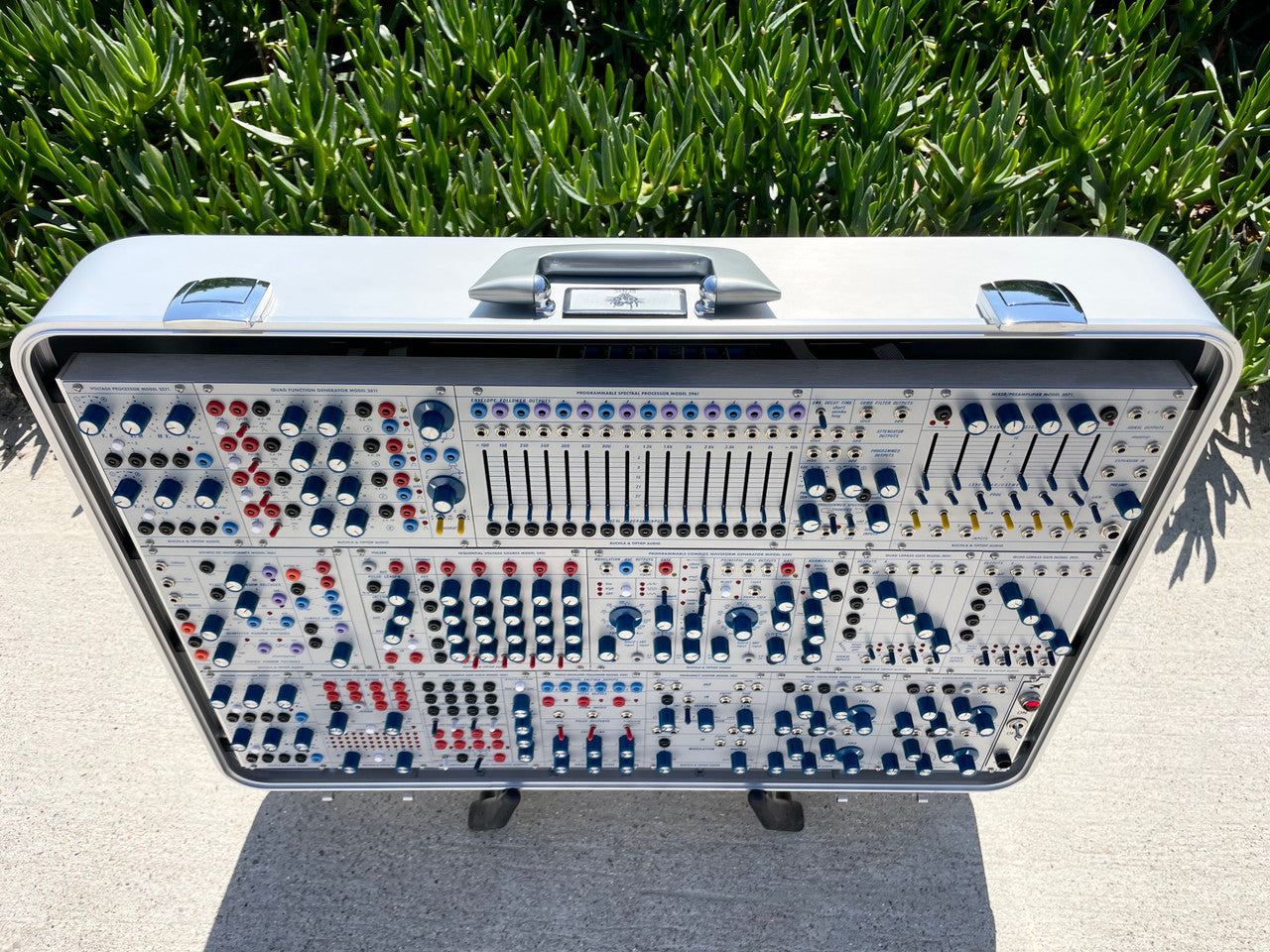 Buchla Tiptop 200t series with BPNYC ZERO Halliburton Eurorack Modular Travel Case SILVER 122hp 9U