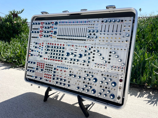 Buchla Tiptop 200t series with BPNYC ZERO Halliburton Eurorack Modular Travel Case SILVER 122hp 9U
