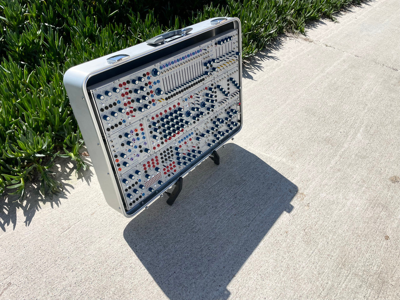Buchla Tiptop 200t series with BPNYC ZERO Halliburton Eurorack Modular Travel Case SILVER 122hp 9U