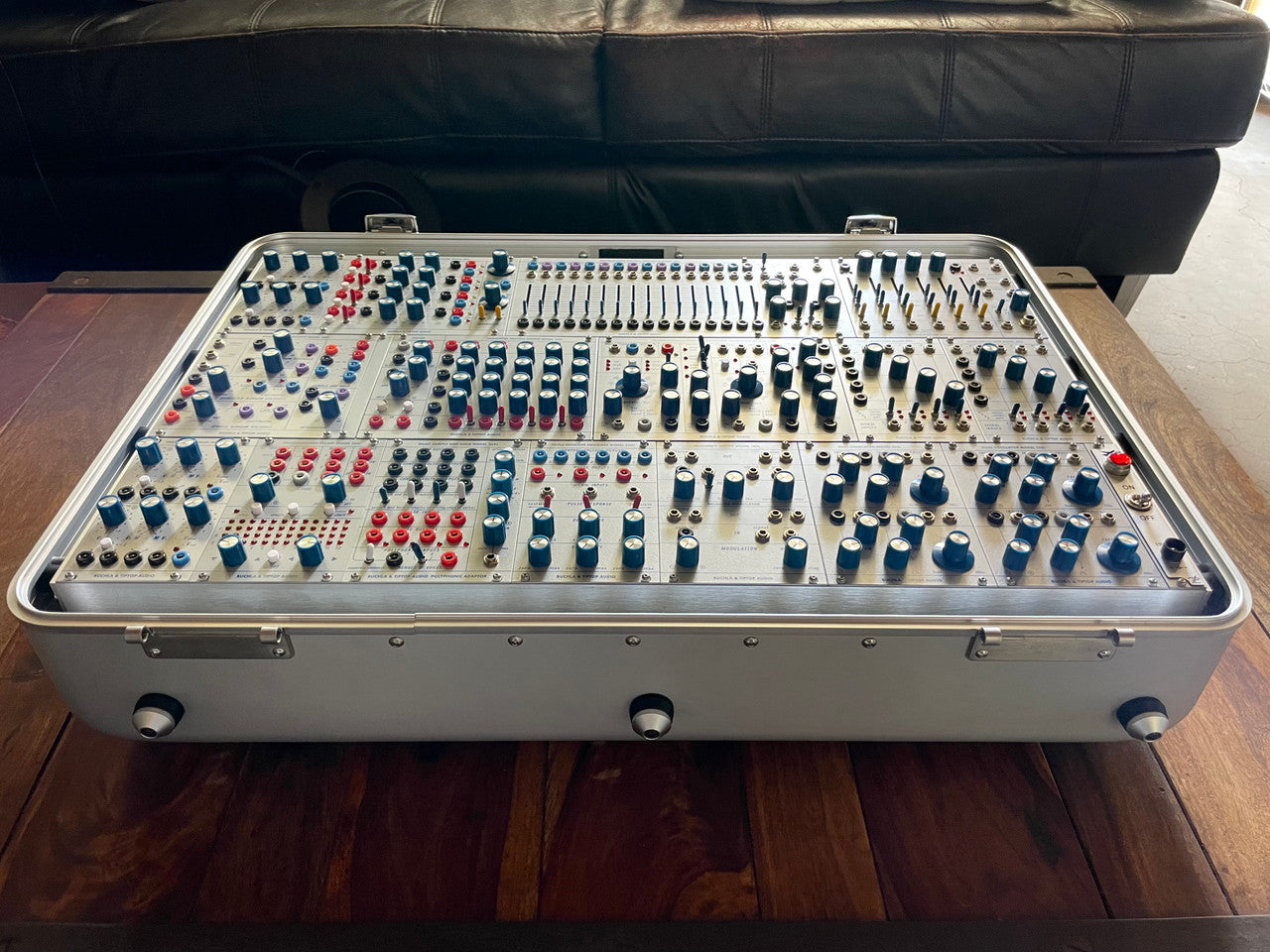 Buchla Tiptop 200t series with BPNYC ZERO Halliburton Eurorack Modular Travel Case SILVER 122hp 9U