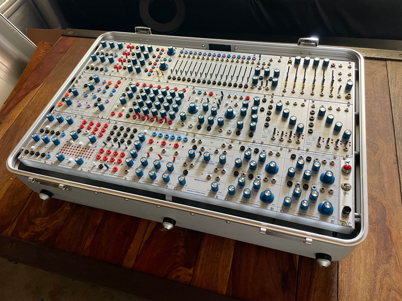 Buchla Tiptop 200t series with BPNYC ZERO Halliburton Eurorack Modular Travel Case SILVER 122hp 9U