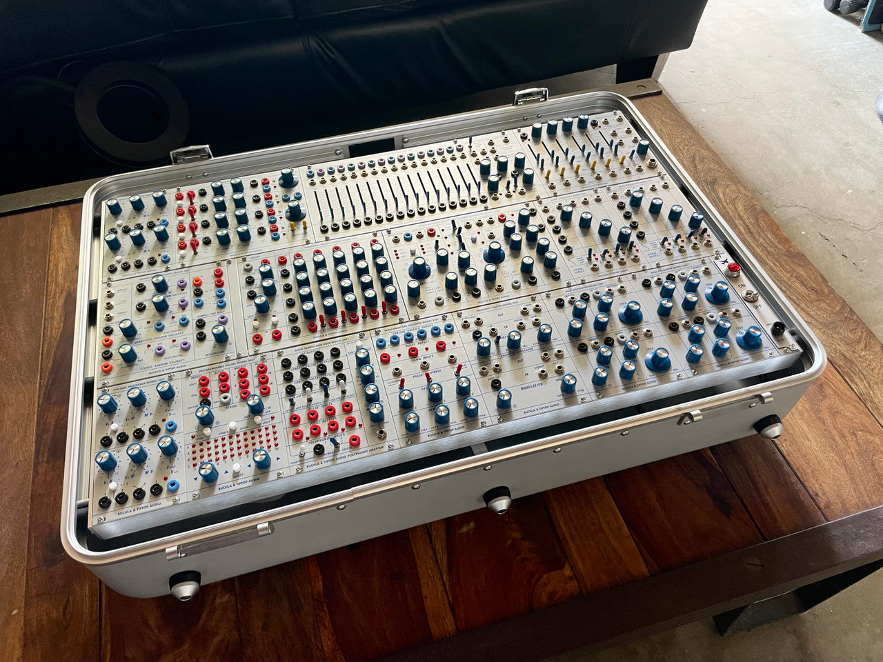 Buchla Tiptop 200t series with BPNYC ZERO Halliburton Eurorack Modular Travel Case SILVER 122hp 9U