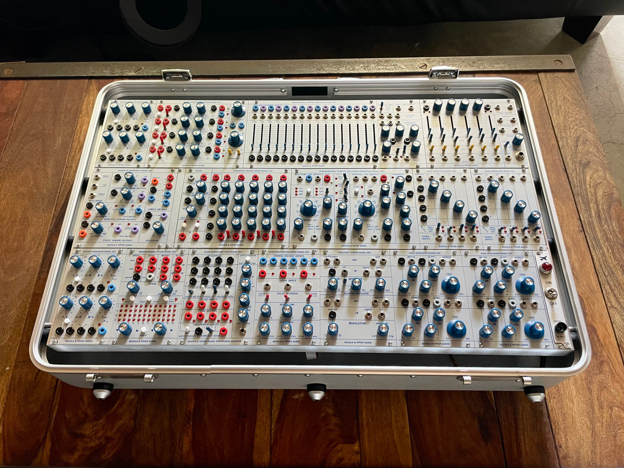 Buchla Tiptop 200t series with BPNYC ZERO Halliburton Eurorack Modular Travel Case SILVER 122hp 9U