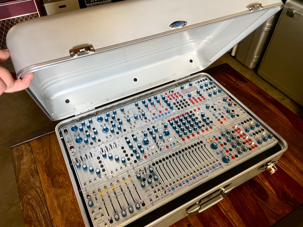 Buchla Tiptop 200t series with BPNYC ZERO Halliburton Eurorack Modular Travel Case SILVER 122hp 9U