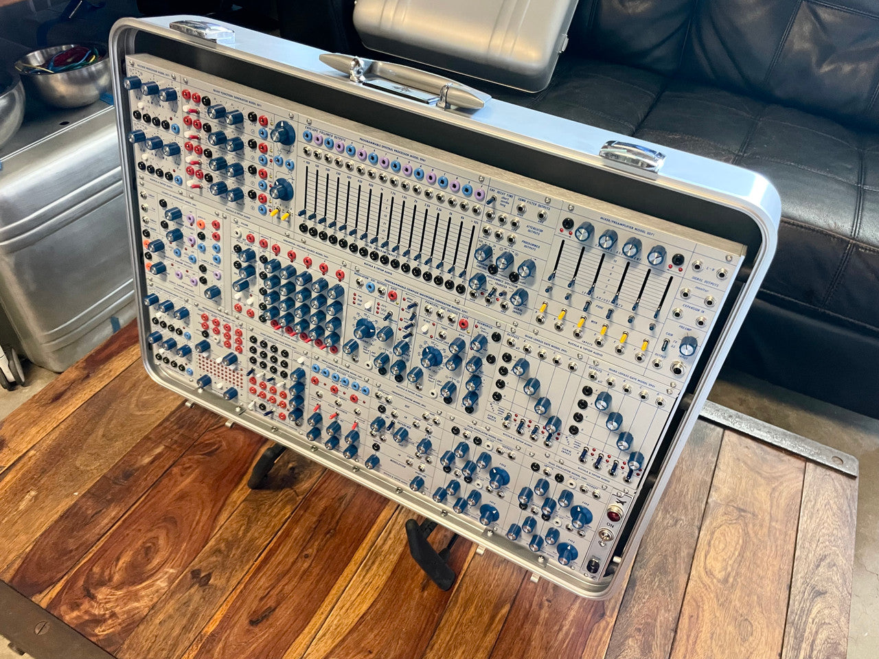 Buchla Tiptop 200t series with BPNYC ZERO Halliburton Eurorack Modular Travel Case SILVER 122hp 9U
