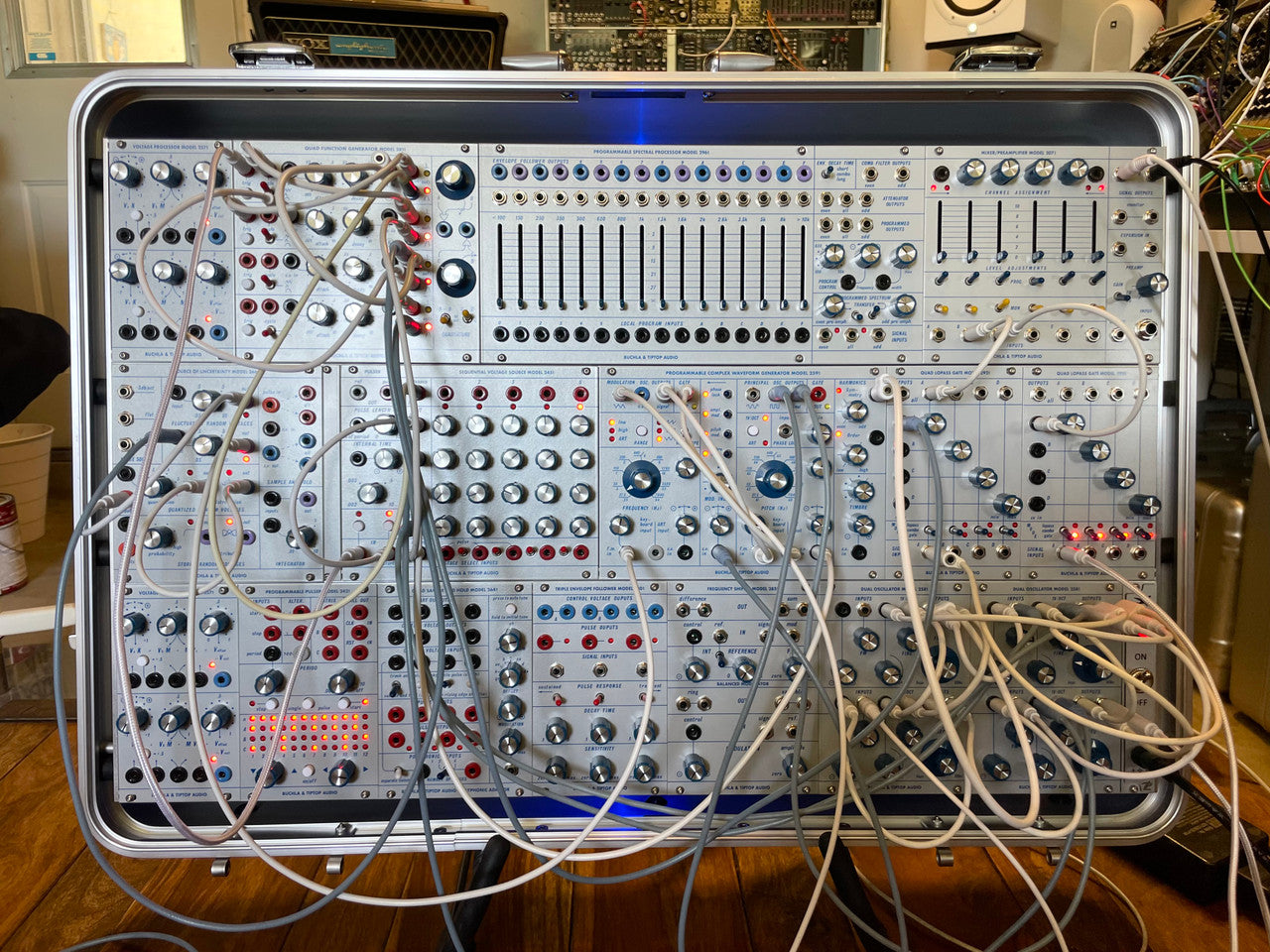 Buchla Tiptop 200t series with BPNYC ZERO Halliburton Eurorack Modular Travel Case SILVER 122hp 9U